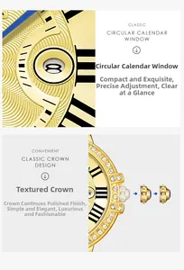 Close-up of golden watch featuring sunray dial, Roman numerals, and calendar window detail