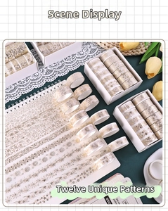 Detail of 12 rolls gold foil washi tapes with vintage floral patterns for scrapbooking