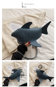 Detail of shark-shaped crossbody bag featuring navy blue lychee leather texture and silver chain