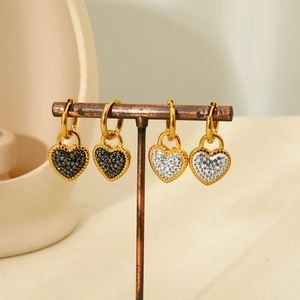 18K gold plated heart lock earrings with black and white zircon stone inlays