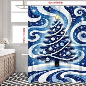 Christmas tree shower curtain 180x180cm with silver ornaments on blue background