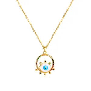 Gold Stainless Steel Evil Eye Pendant Necklace For Women Light Luxury Multicolored Rhinestone Round Charm Boho Jewelry