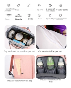 Detailed view of diaper bag with internal compartments for baby bottles and essentials