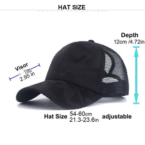 Size chart showing adjustable 54-60cm circumference and 7.5cm visor for women's mesh hat