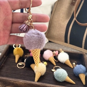 Cute plush ice cream cone keychain set with colorful fur balls and tassels for bags