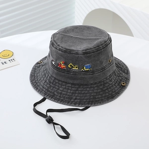 Detail of dark grey washed denim sun hat for kids with cartoon vehicle embroidery and chin strap
