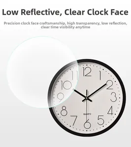 Detail of high transparency anti-reflective glass lens on 12 inch round wall clock