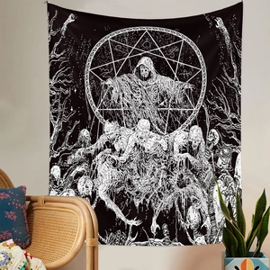 Gothic skull tapestry with grim reaper and hexagram hanging in a minimalist living room
