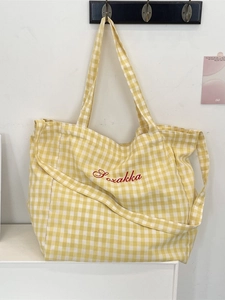 Yellow plaid canvas tote bag with red embroidery and large capacity shoulder strap