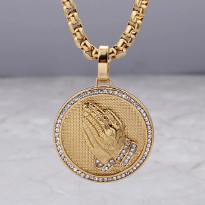 Hip hop gold plated stainless steel necklace with iced out praying hands round pendant