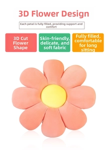 Detail of sunflower seat cushion showing orange petals and high-elasticity filling