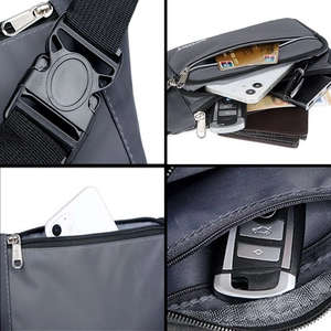 Gray waterproof nylon waist bag with multiple zipper compartments and adjustable buckle