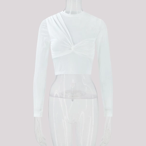Detail of white long sleeve crop top with mesh texture and front twist knot design