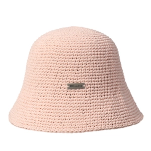 Pink hand-knitted sun hat with spiral texture and rectangular silver metal tag