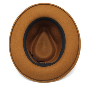 Internal detail of brown wool fedora hat with adjustable sweatband and neat stitching