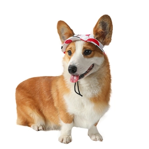 Close-up of pet canvas hat with red polka dots and adjustable chin strap on a dog