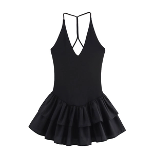 Robe courte dos nu noire style ballet, coupe ajustée avec col en V et jupe à volants