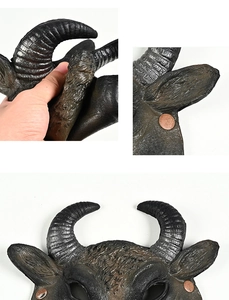 Detailed view of flexible PU foam buffalo mask featuring realistic texture and metal rivets