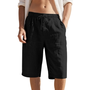 Men's breathable black linen drawstring shorts featuring elastic waist and straight leg fit