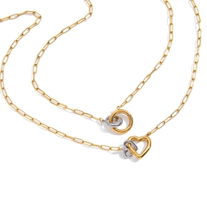 Two-tone 18K gold stainless steel necklaces with interlocking heart and ring charms