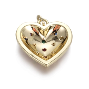 Detailed view of heart-shaped gold pendant with colorful inlaid gemstones on white background