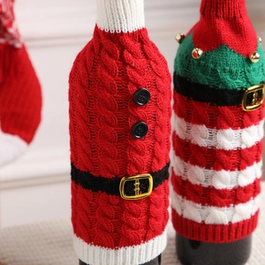 Christmas knitted wine bottle covers with Santa Claus and red-white striped designs