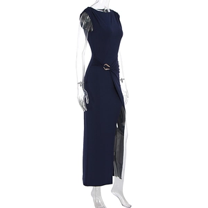 Detail of navy blue sleeveless dress with waist gathering and gold metal buckle accent