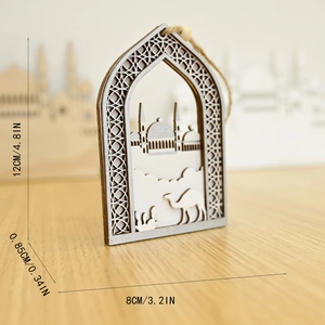 Detail of wooden Ramadan ornament with mosque engraving and 12cm height measurement