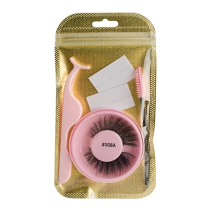 Self-adhesive false eyelashes set with pink applicator and brush in gold foil pouch