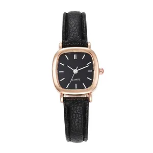 Elegant square quartz watch with black leather strap and rose gold metal case for women