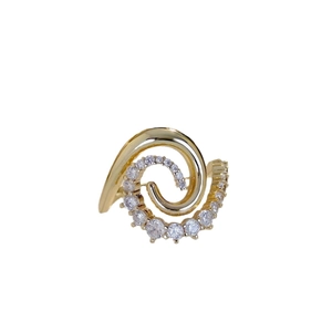 Elegant gold spiral ring with inlaid cubic zirconia crystals on white background