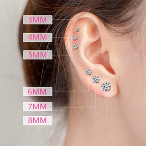 Six-prong stainless steel stud earrings with round cubic zirconia in sizes 3mm to 8mm