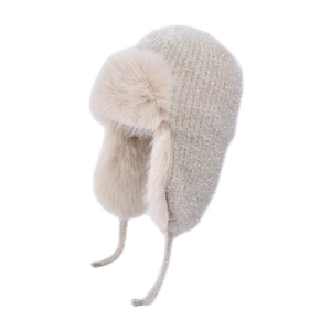 Warm winter trapper hat for women with faux fur lining and sequins in champagne gold finish