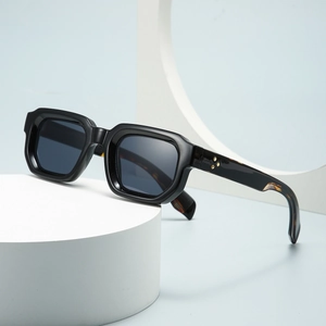 Retro rectangle thick frame sunglasses with black acetate finish and metal accents