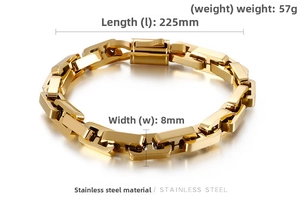 Detail showing 8mm wide gold stainless steel chain link bracelet with technical dimensions