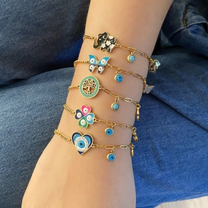 Evil Eye Bracelet Gold Stainless Steel Enamel Heart Butterfly Elephant Tree Of Life Pendant Adjustable Jewelry For Women