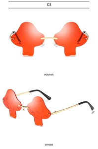 Detailed views of mushroom-shaped rimless sunglasses with orange lenses and gold frame