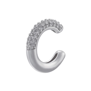 Close-up of silver C-shaped ear cuff featuring pave-set sparkling cubic zirconia details
