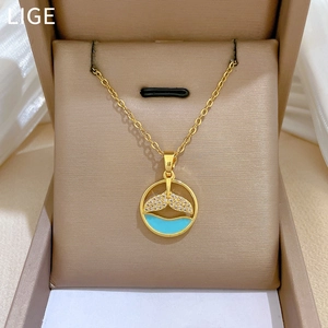 Mermaid Tail Round Pendant Necklace Stainless Steel Copper Blue Enamel Ocean Wave Zircon Elegant Jewelry For Women