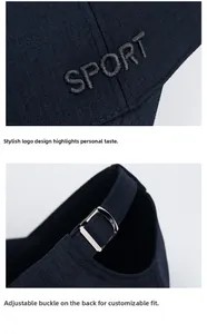 Detail of adjustable metal buckle and SPORT 3D embroidery on blue outdoor baseball cap
