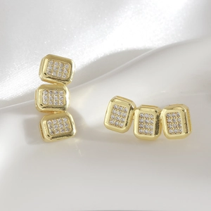 Geometric Triple Square Stud Earrings For Women Copper With 925 Sterling Silver Earring Post Gold Plated Rhinestone Jewelry