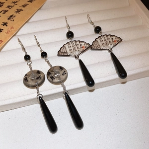 Elegant Chinese style fan and teardrop resin earrings with calligraphy on white stand
