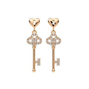 18k rose gold plated heart lock and key drop earrings with sparkling white zircons