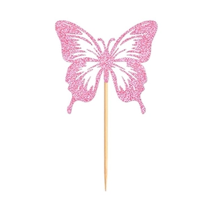 Pink glitter 3D butterfly cake topper with hollow design and wooden stick on white background