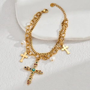Double layer stainless steel necklace with gold cross charms, evil eye, and pearls