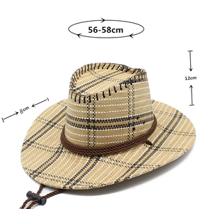 Detail view of woven cowboy hat with size specs: 56-58cm head and 8cm wide brim