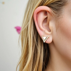 Elegant gold triangle stud earrings with micro-paved diamonds and radiant opal stone center