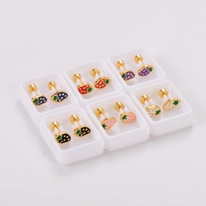 Set of six pairs of strawberry stud earrings with colorful enamel and gold finish
