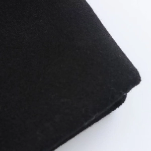 Macro shot of high-quality black wool fabric texture and soft plush material for winter coat