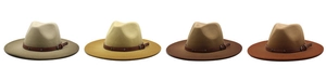 Detailed comparison of four wide-brim wool fedora hats in beige, camel, and brown tones